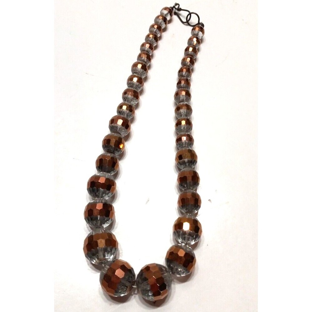 Single Strand Graduating Size Glass Bead Handmade Necklace Clear Copper Striped